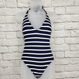LOFT Beach Blue & White Plunge One Piece Swimsuit Size Small NEW